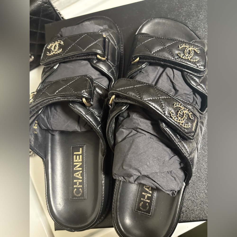 CHANEL Black Quilted Leather Double-Strap Slide Sandal with CC Hardware - Picture 3 of 4